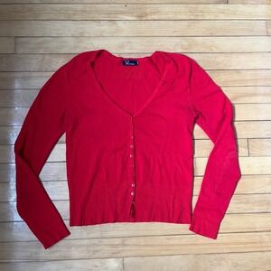 Fred Perry Red V-Neck Button Front Knit Cardigan Sweater Mens Small